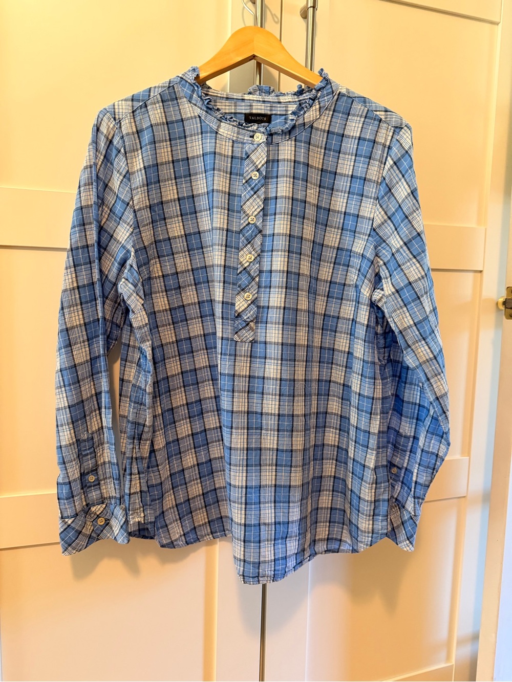 Talbots Blue Plaid Ruffle-Collar Button-Front Shirt